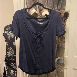 AERIE Navy Blouse with Front Tie